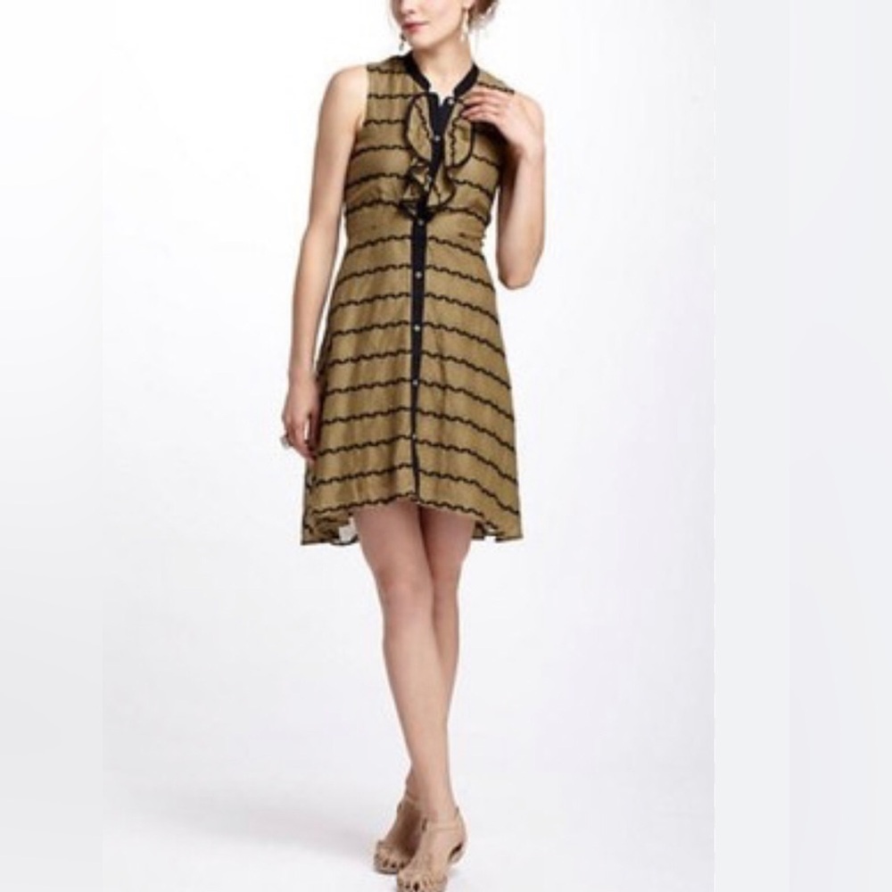 Anthropologie Postmark Bubbled Bands Olive Green Shirt Dress Size 4